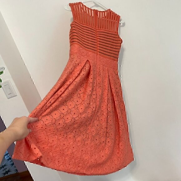 NEW YORK COMPANY NY&CO Eyelet Fit Flare Dress Coral Orange Pink Sleeveless Midi - Picture 13 of 13